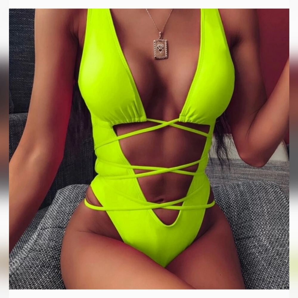 SHEIN Neon Lime Cutout Front One Piece Swimsuit